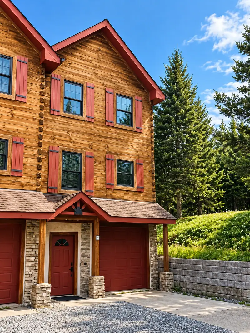 Front of Loggers Run 4 in summer with red trim and garage doors