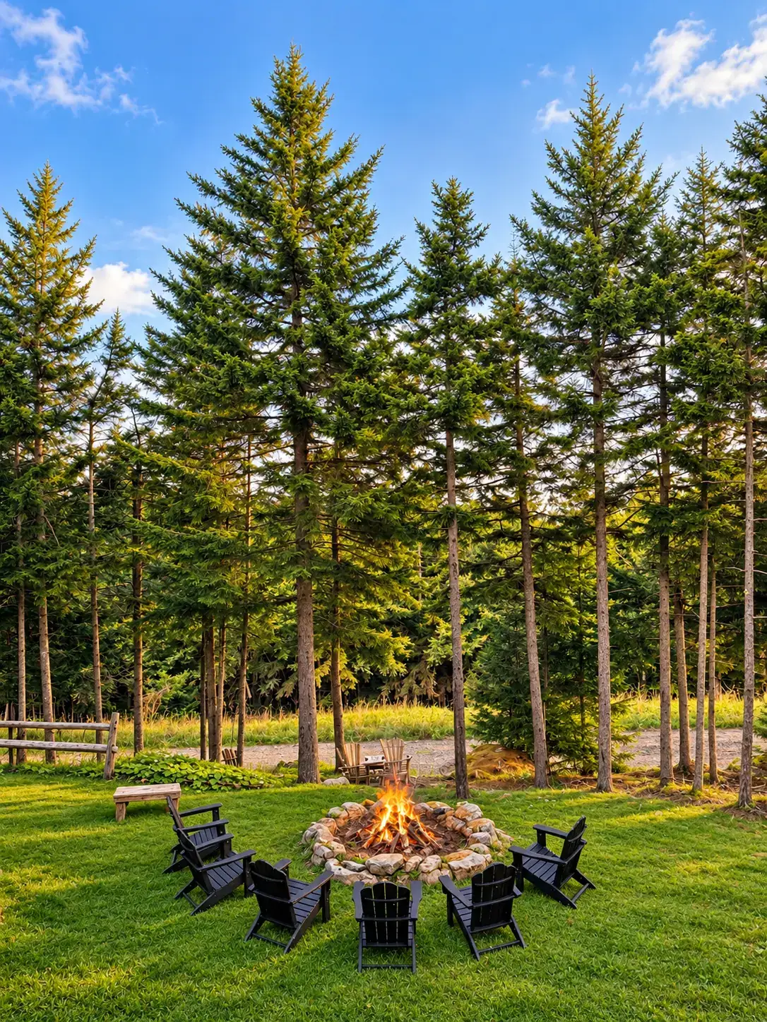 Fire pit with chairs among tall spruce behind Loggers Run 4 in summer