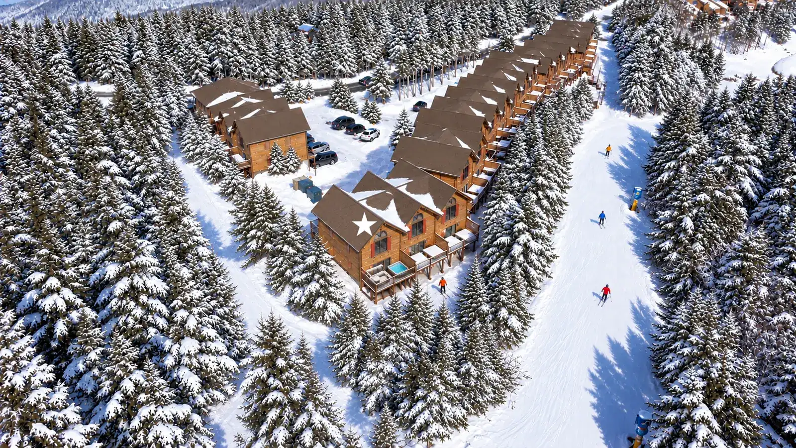 Illustrated winter aerial of the Loggers Run townhomes beside the ski trail, with Loggers Run 4 marked by a star