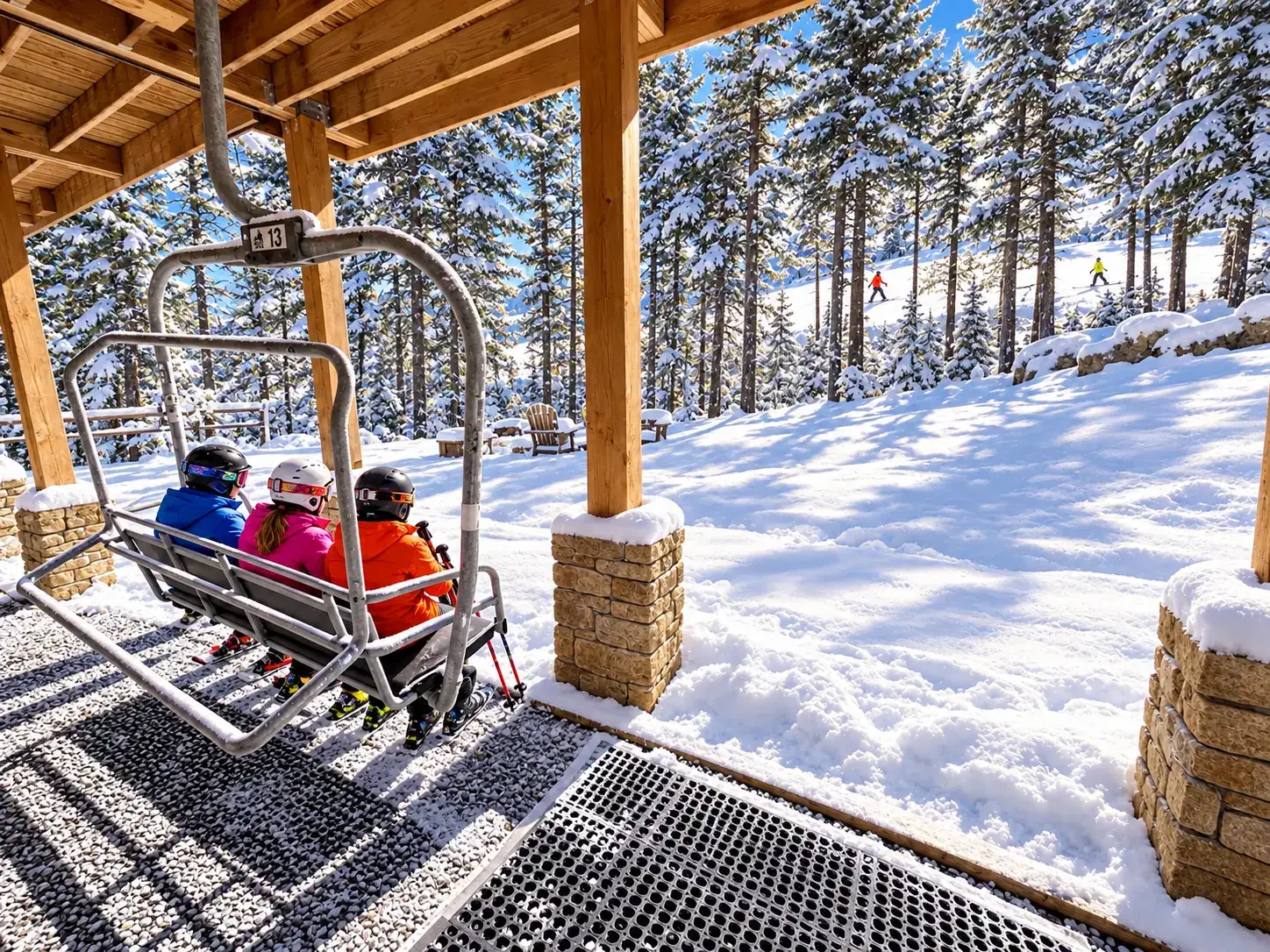 A real chairlift chair mounted as a porch swing under the covered porch at Loggers Run 4, facing out over the snowy yard and spruce trees, with three kids in ski gear sitting on it