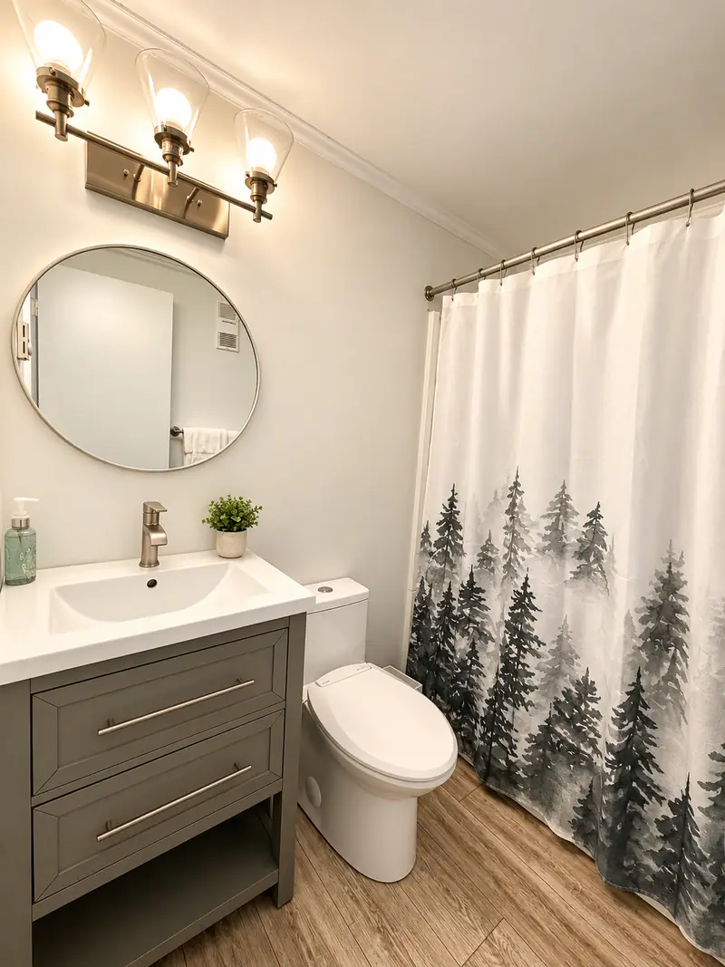 Bathroom at Mountain Lodge 114 with a round mirror and evergreen shower curtain