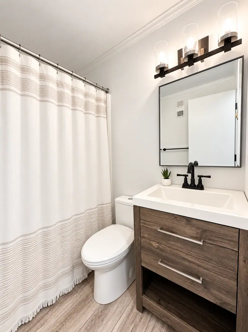 Bathroom at Mountain Lodge 114 with a gray vanity and white shower curtain