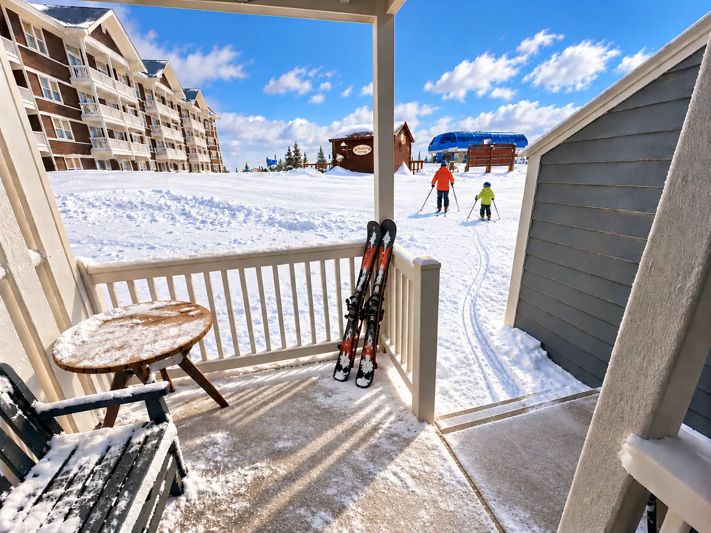 Snowy Mountain Lodge 114 patio with skis, looking out at skiers and the Village