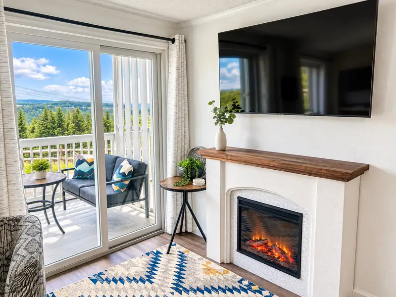 Electric fireplace and wall TV beside the balcony door at Mountain Lodge 140