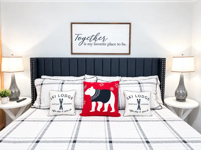 Bedroom at Mountain Lodge 140 with a navy headboard, plaid bedding and a dog pillow