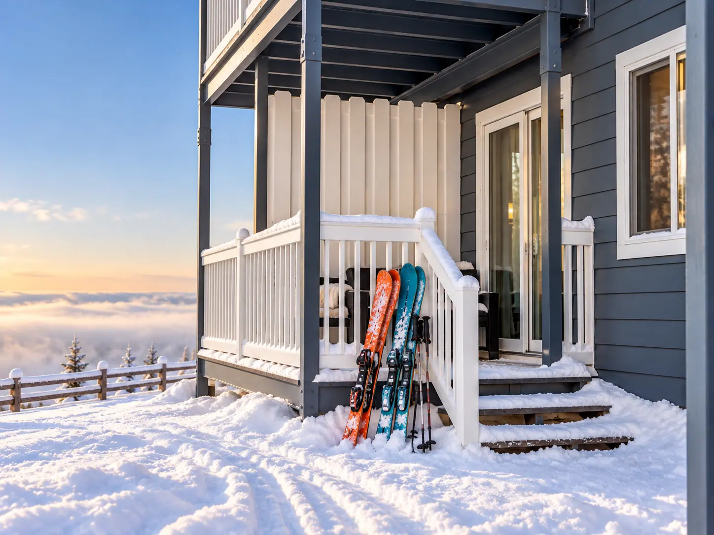 Mountain Lodge 140 balcony in the snow with skis by the steps