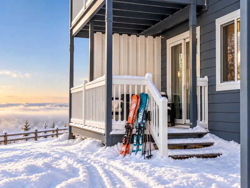 Mountain Lodge 140 balcony in the snow with skis by the steps