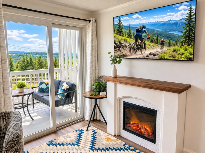 Electric fireplace at Mountain Lodge 140 beside the sliding door to the balcony