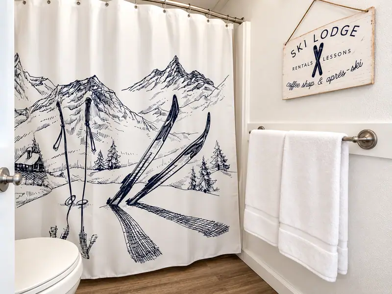 Ski-themed shower curtain and a Ski Lodge sign in the Mountain Lodge 140 bathroom