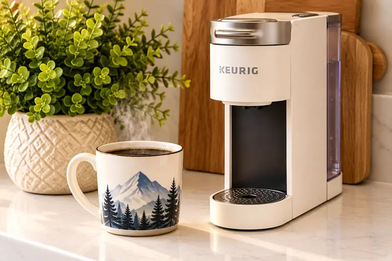 Small Keurig coffee maker and mug