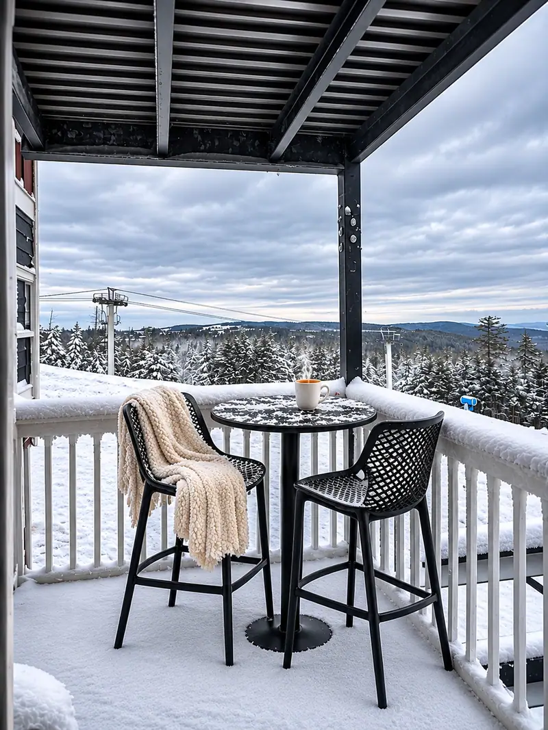 Mountain Lodge 144 balcony with a bistro set and a winter mountain view