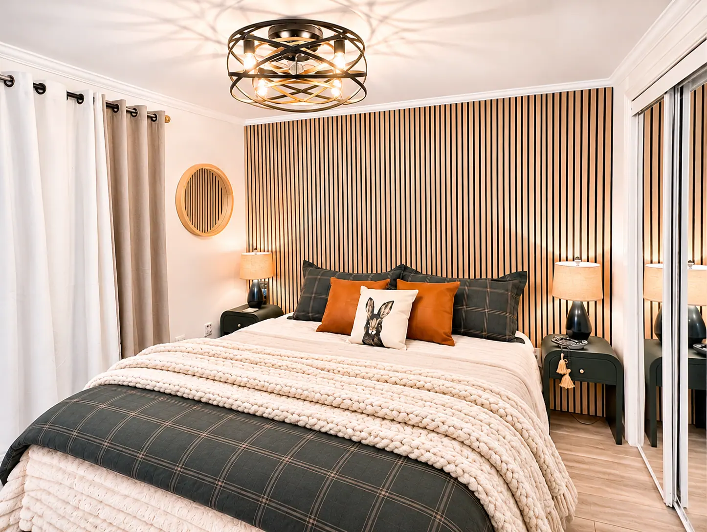 Bedroom at Mountain Lodge 144 with a wood slat wall and plaid bedding