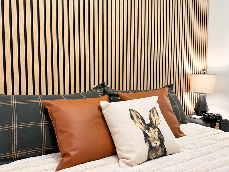 Leather and rabbit pillows on the Mountain Lodge 144 bed