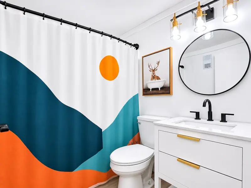 Bathroom at Mountain Lodge 144 with a white vanity and a colorful mountain shower curtain