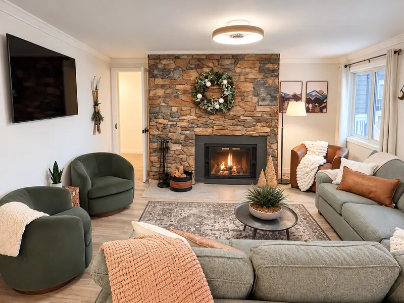 Living room at Mountain Lodge 146 with a stone wood-burning fireplace and green sofas