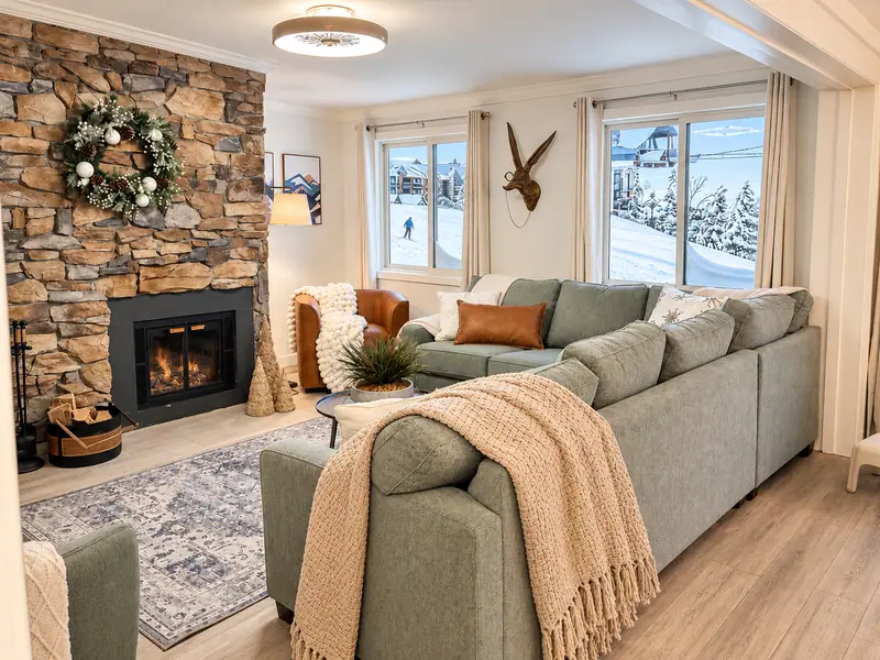 Living room at Mountain Lodge 146 with a sage sectional and stone fireplace