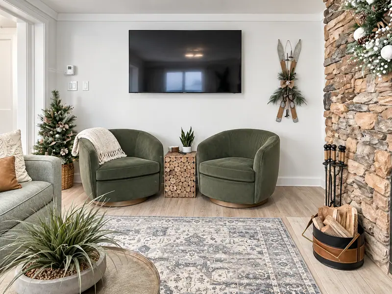 Living room at Mountain Lodge 146 with green swivel chairs and a wall TV
