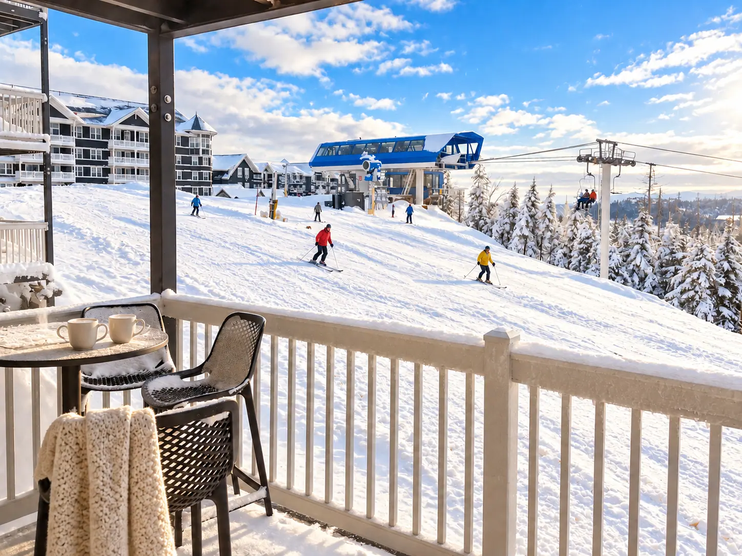 Balcony at Mountain Lodge 146 overlooking skiers and the Ballhooter lift