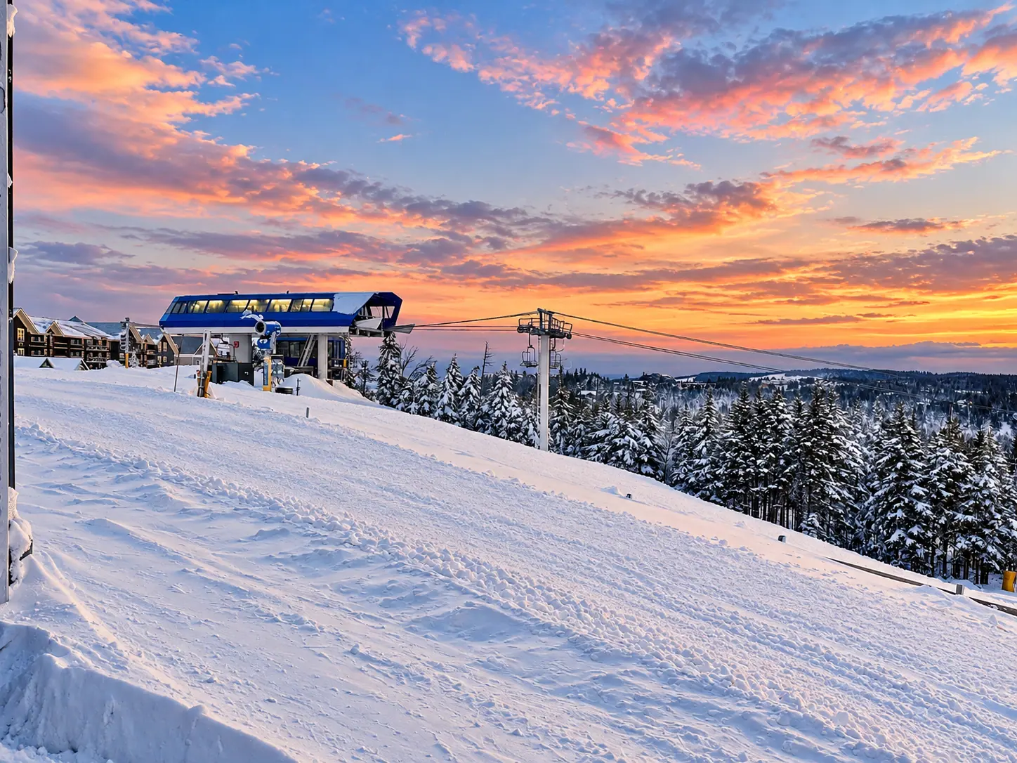 Snowy slope and Ballhooter lift from the Mountain Lodge 146 balcony