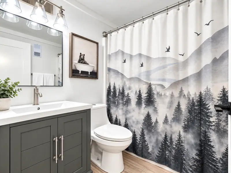 Bathroom at Mountain Lodge 146 with a gray vanity and a misty forest shower curtain