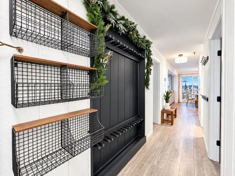 Hallway at Mountain Lodge 146 with wire baskets and hooks