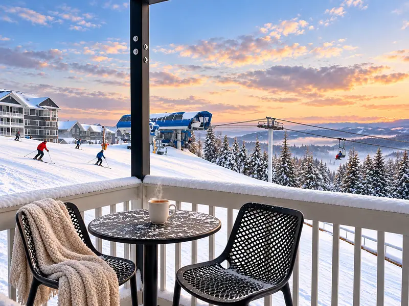 Mountain Lodge 146 balcony with a bistro set at sunset over the slope