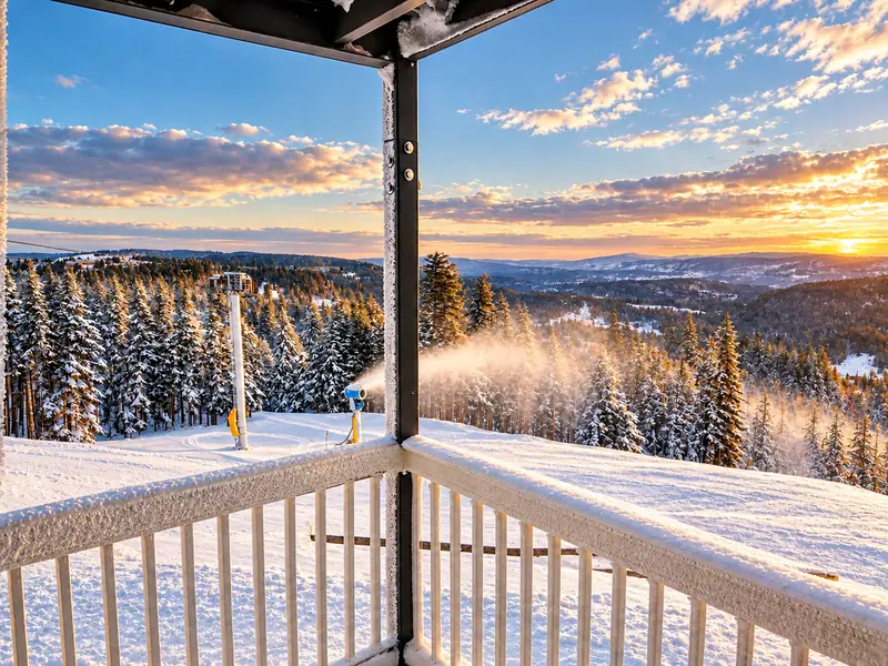 Snowmaking on the slope seen from the Mountain Lodge 146 balcony at sunset
