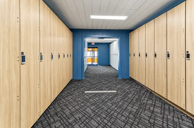 Hallway of wood ski lockers at Mountain Lodge