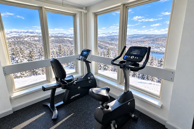 Exercise bikes facing snowy mountain views in the Mountain Lodge fitness room