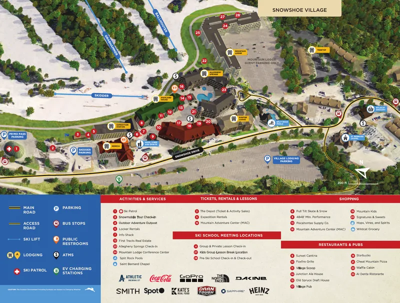 Illustrated map of the Snowshoe Village showing Ballhooter, Allegheny Springs, Mountain Lodge, Highland House, Expedition Station, Seneca, Rimfire Lodge, parking lots, and shuttle stops