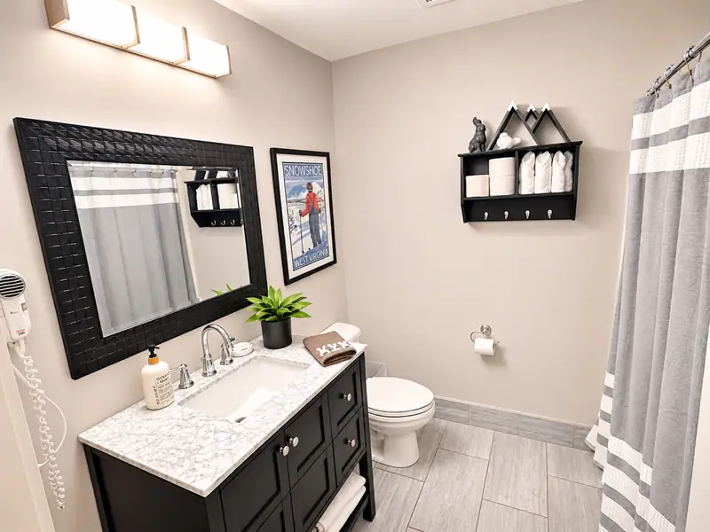 Bathroom at Seneca 113 with a navy vanity and a framed mirror