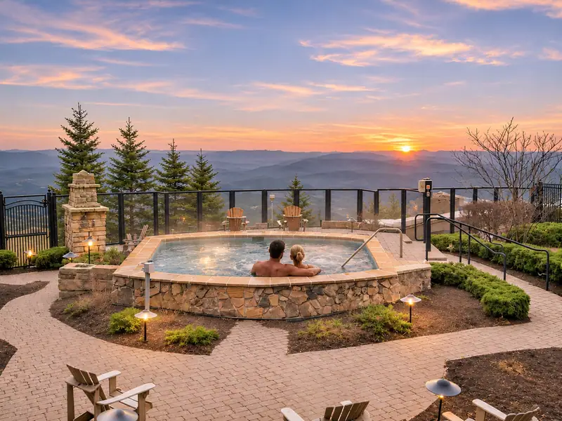 Shared outdoor hot tub at the Seneca at sunset, with the ridges beyond