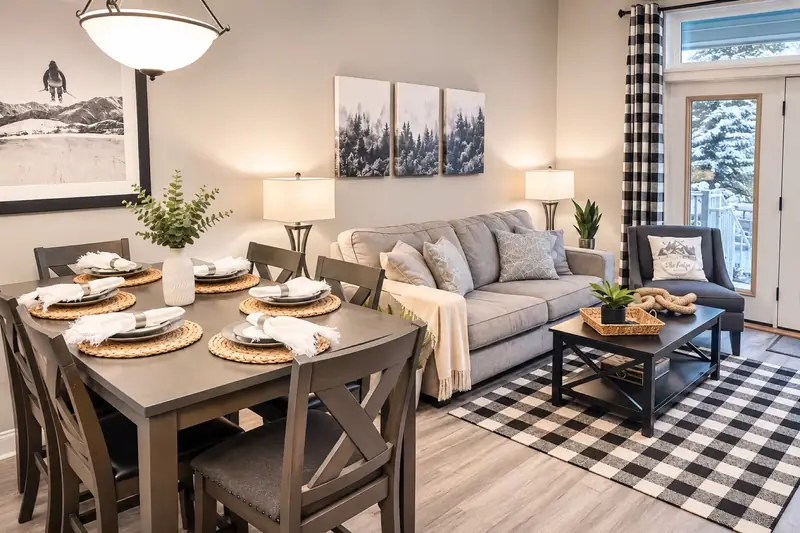 Dining table at Seneca 113 with the living room and porch door behind
