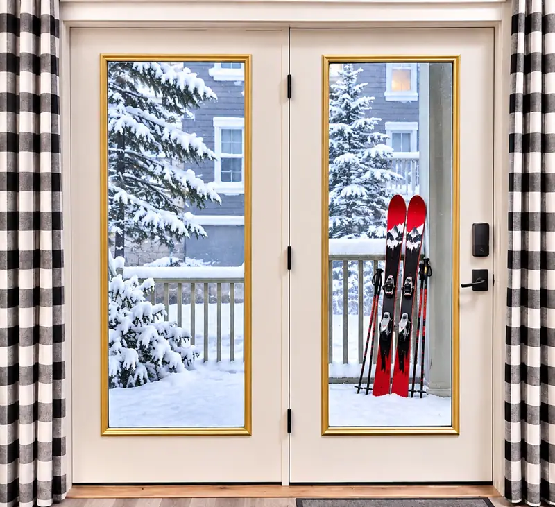 Snow and skis outside the glass porch door at Seneca 113