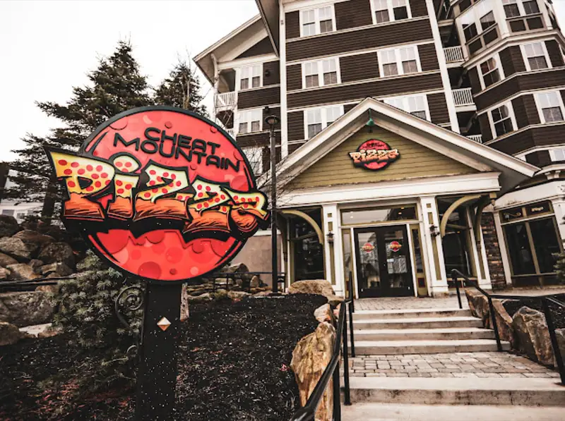 The Cheat Mountain Pizza sign in the Snowshoe Village